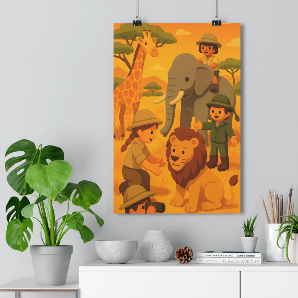 Poster décoratif cartoon vibrant safari aventure enfant chambre éléphant girafe lion joyeux exotique lumineux