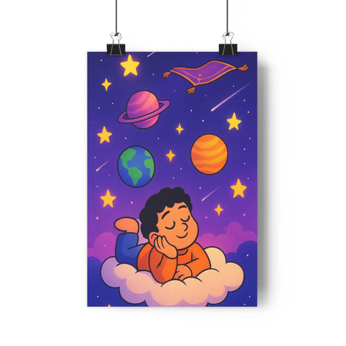 Poster enfant dormir nuage manteau orange ciel nocturne planètes étoiles météore plante verte vase cônes pin commode pince papier ambiance