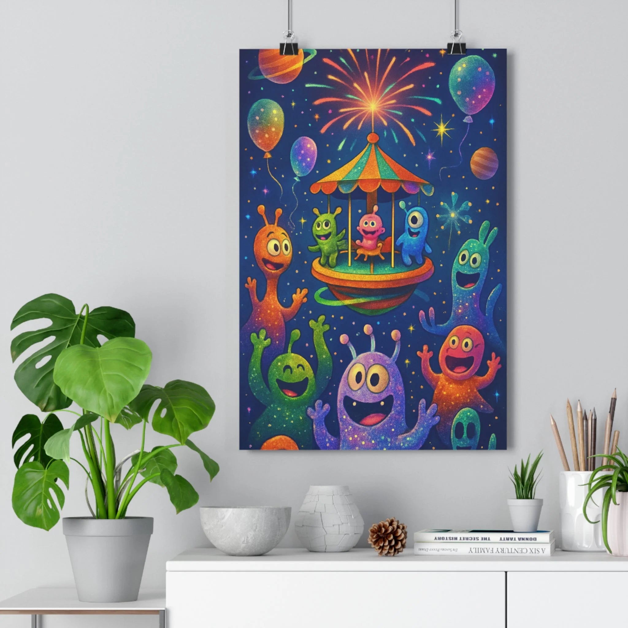 Poster décoratif carnaval cosmique vert rose bleu cartoon joyeux étoilé enfant salon vibrant univers