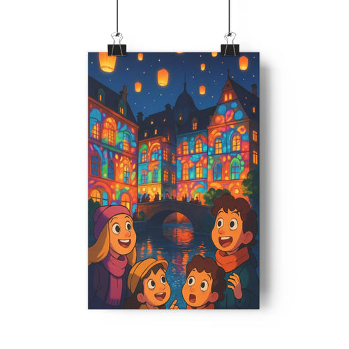 Poster joyeux nuit personnages souriants architecture élégante lanternes colorées canal eau calme style cartoon couleurs vives ambiance festive chambre salon
