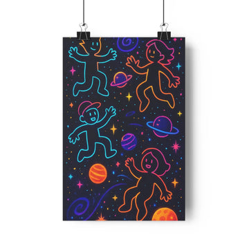 Poster personnages étoiles planètes bleu orange rose ambiance festive exploration spatiale moderne minimaliste salon chambre
