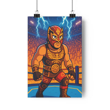 Poster lutteur masque rouge doré symboles ornementaux ring cordes bleues éclair lumineux vibrant énergétique intense livres commode plante verte ambiance
