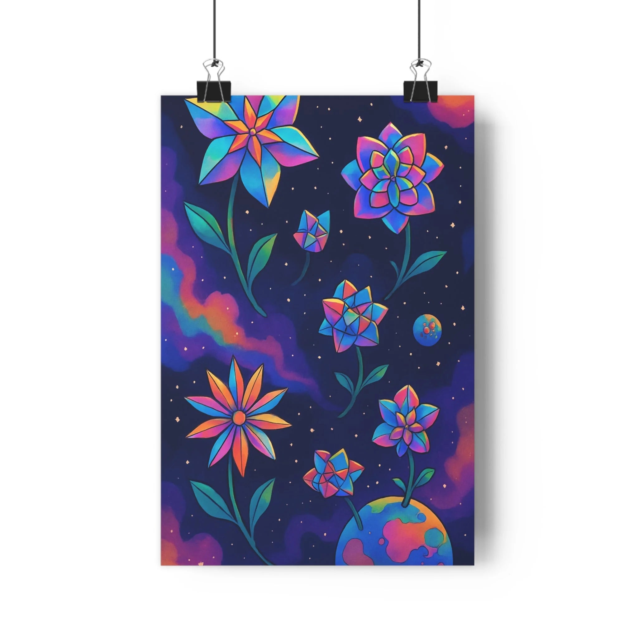 Poster décoratif fleurs univers bleu violet orange cartoon espace futuriste mystique chambre salon élégant