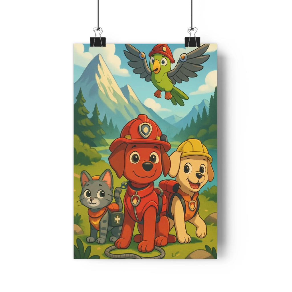 Poster décoratif cartoon joyeux chambre enfant chien chat perroquet rouge jaune vert forêt aventure