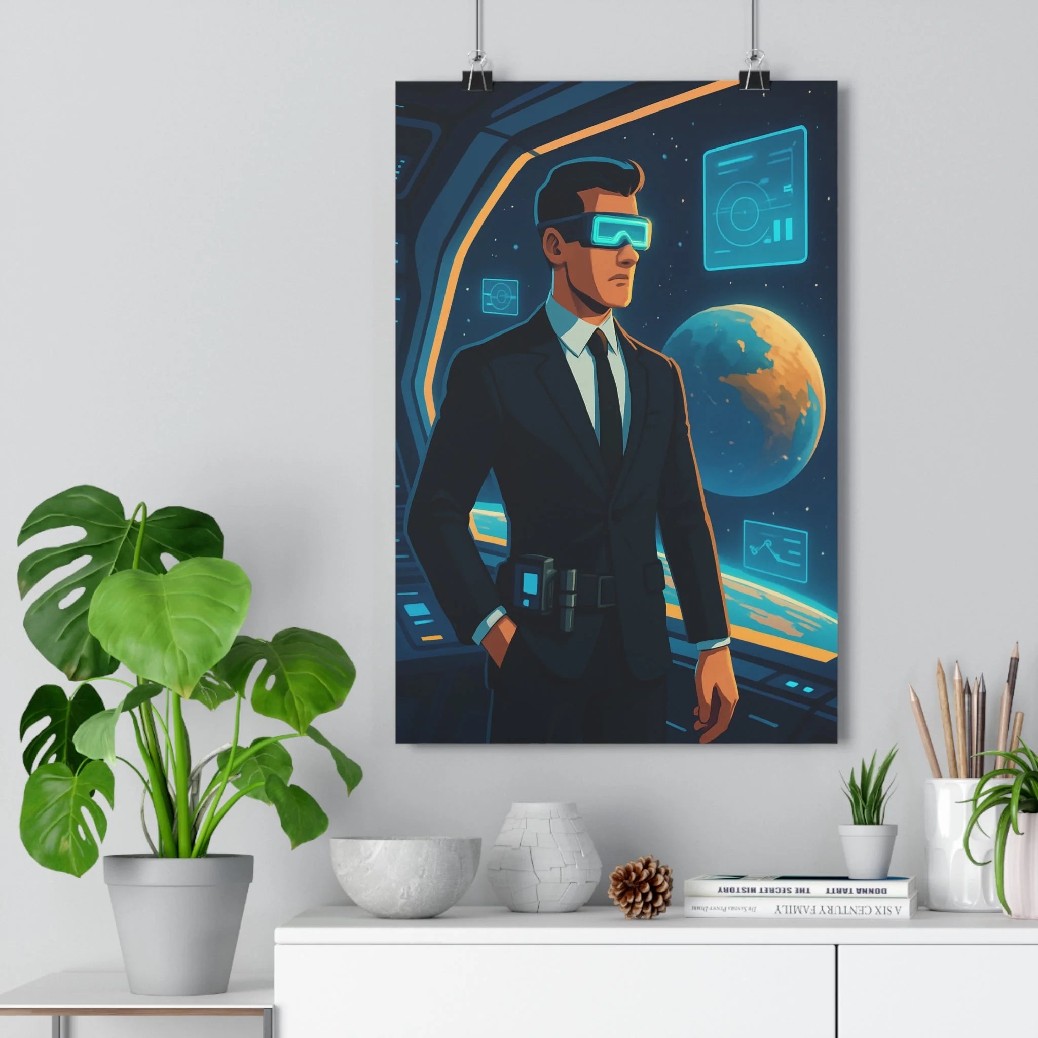 Poster décoratif cartoon bleu orange sciencefiction bureau chambre espace espion intergalactique élégant futuriste sophistiqué