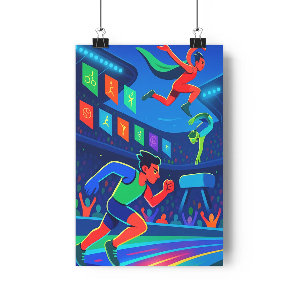 Poster sportif athlète course figures aériennes bleu nuit lumières blanches symboles sportifs ombres douces contours nets ambiance festive chambre salon