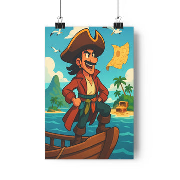 Poster pirate aventurier île tropicale trésor coffre palmiers montagne oiseaux ciel bleu contours nets style cartoon joyeux simple chambre salon
