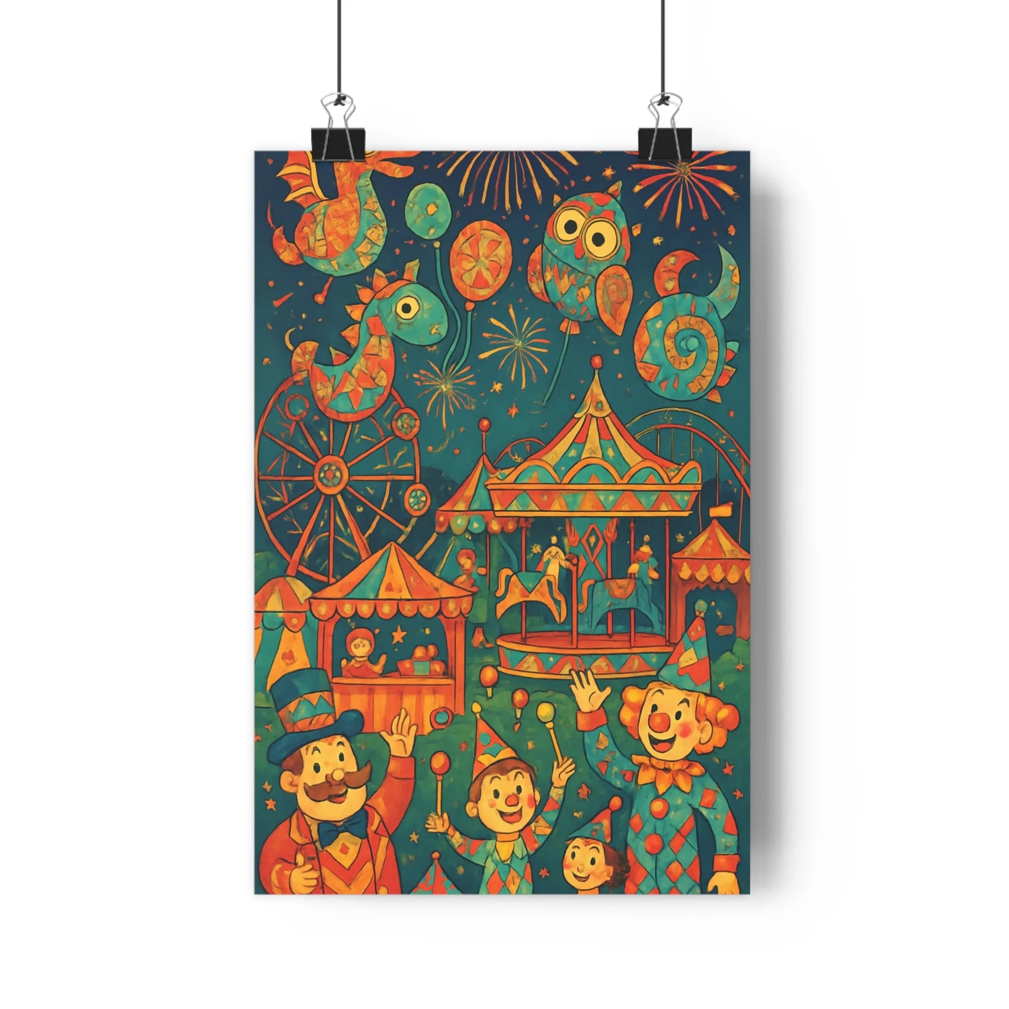 Poster décoratif coloré joyeux fête foraine enfant chambre bleu rouge vintage amusant ambiance festive
