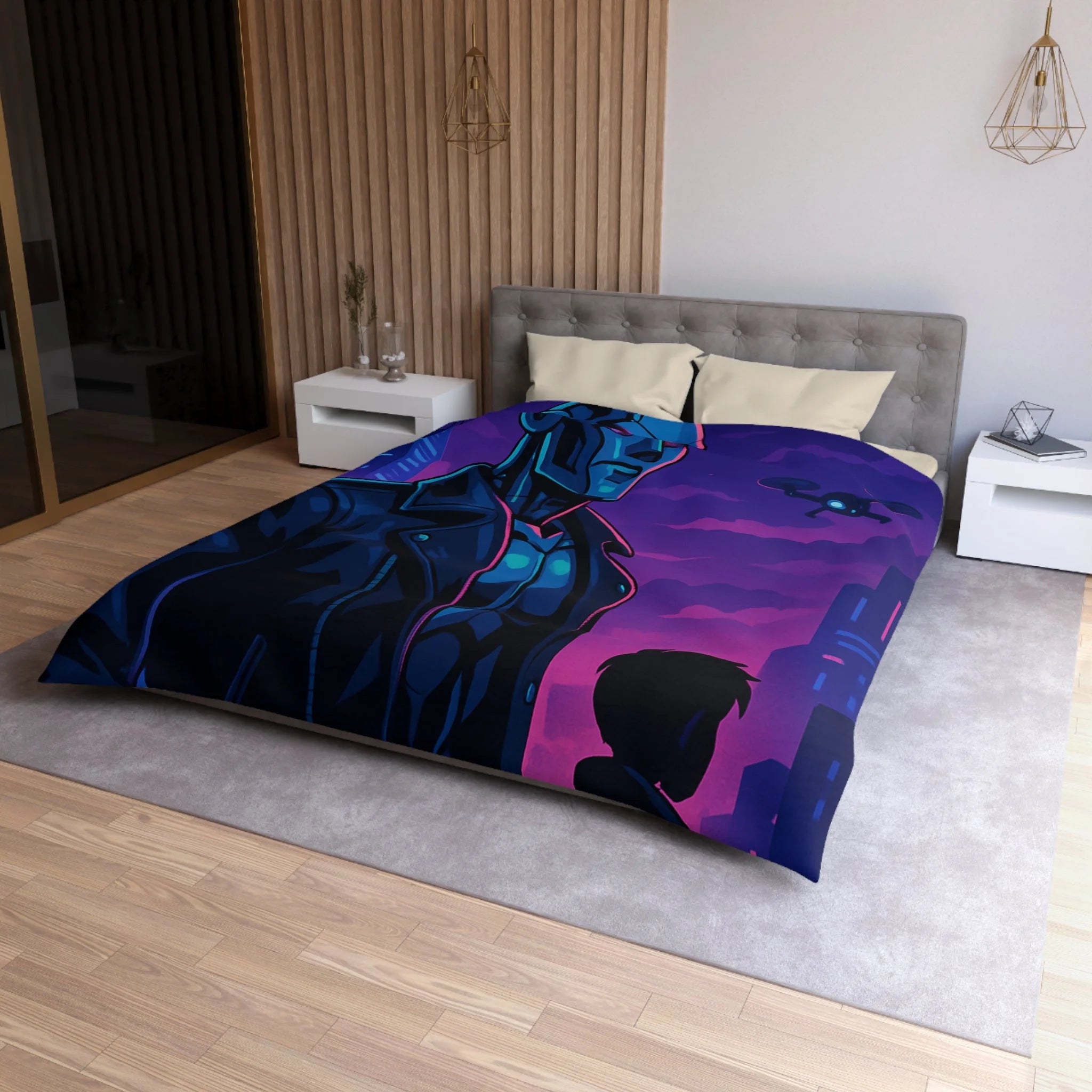 Housse de couette style néon avec robot futuriste et drones en ville de nuit