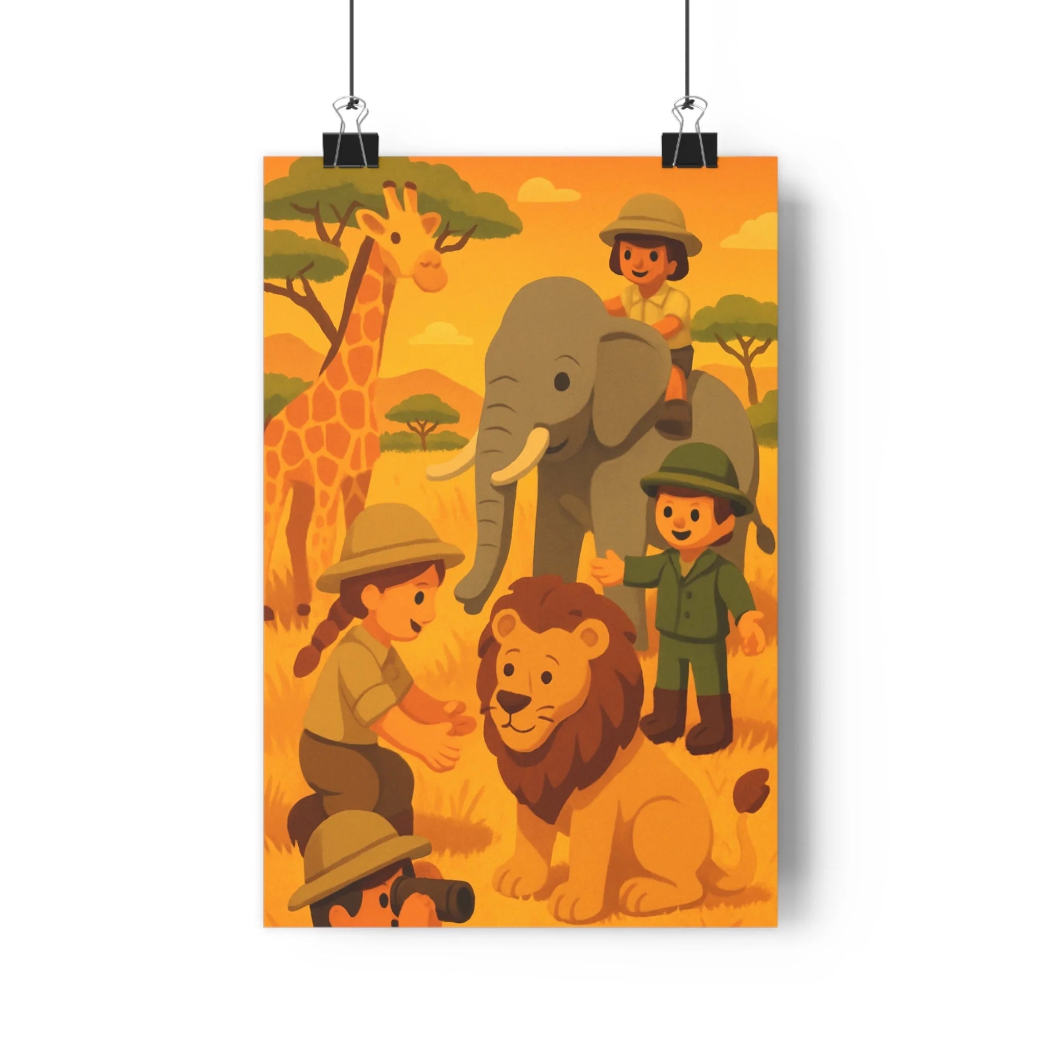 Poster décoratif cartoon vibrant safari aventure enfant chambre éléphant girafe lion joyeux exotique lumineux