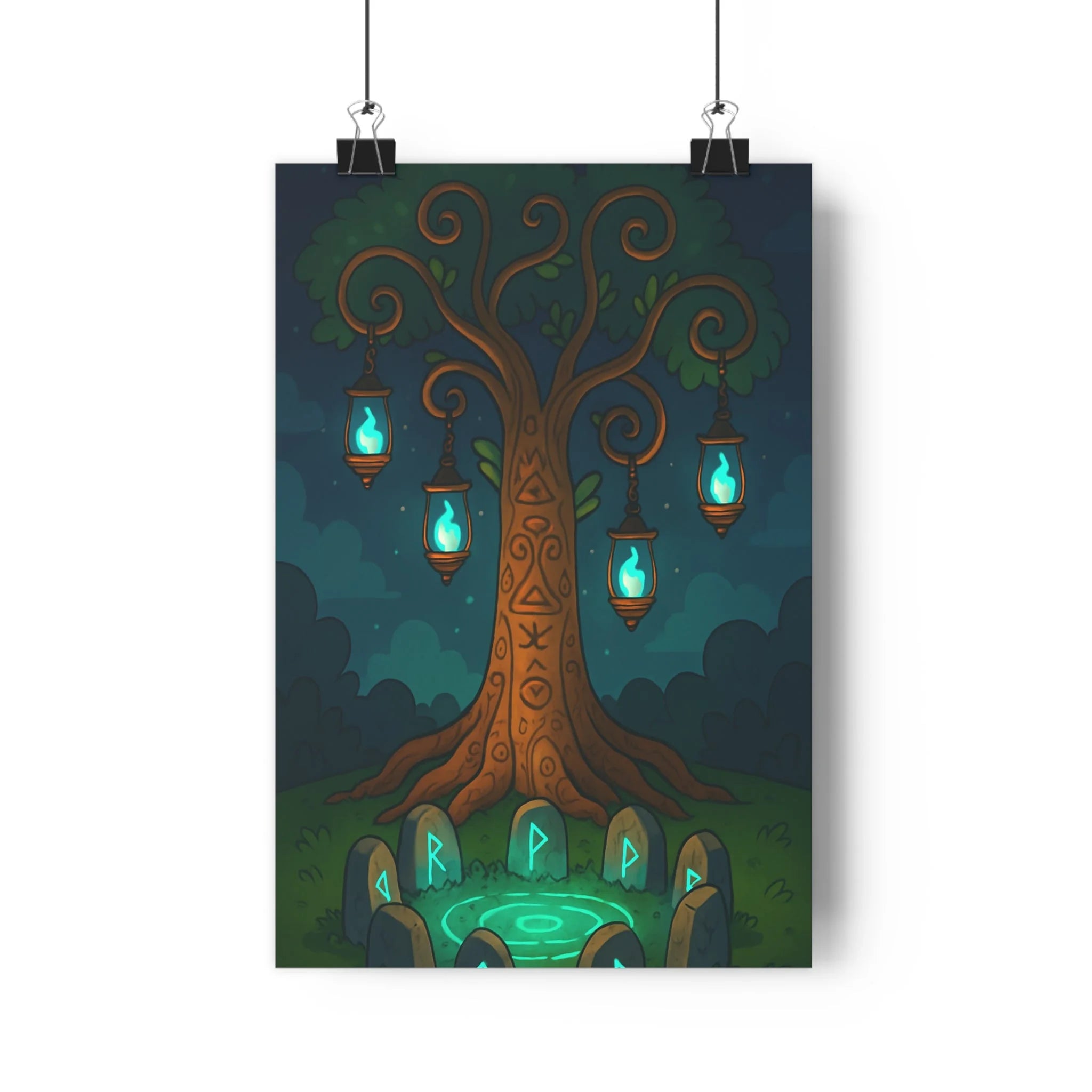 Poster décoratif arbre vie mystique bleu vert dessin animé salon apaisant magique unique élégant