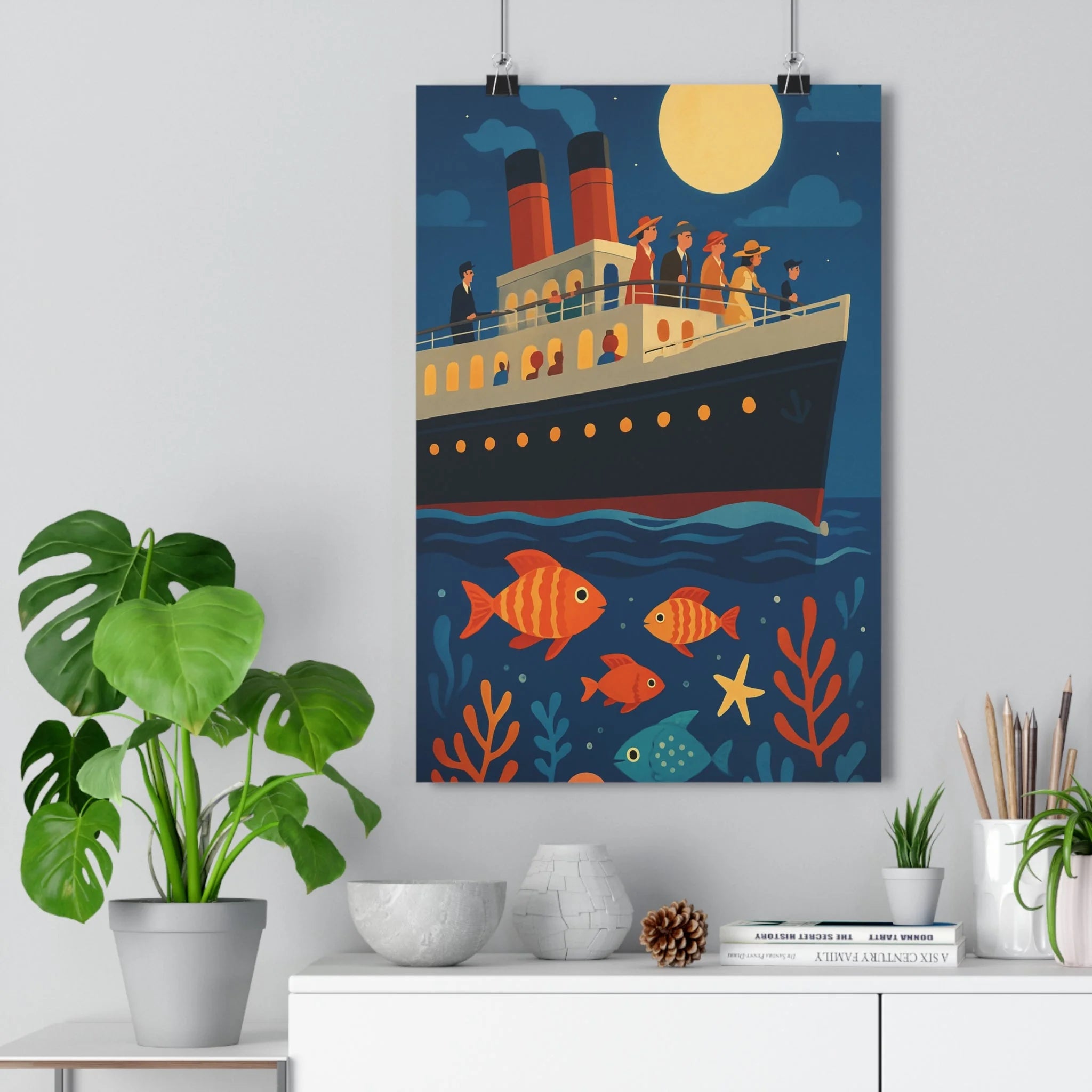 Poster décoratif anime bleu mystérieux fascinant salon navire océan poissons pleine lune contrasté coloré