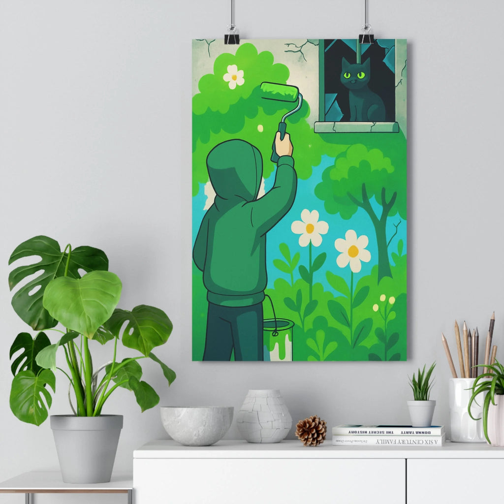 Poster décoratif mystique cartoon vert bleu chambre salon artistique intrigant moderne ambiance captivante mur
