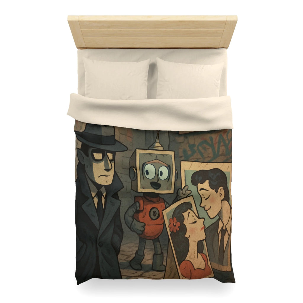 Housse de couette rétro robot vintage, style pop art, ambiance urbaine et romantique