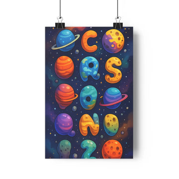 Poster abécédaire planète espace bleu violet rouge orange contour doux ambiance ludique enfant chambre apprentissage simple détails cartoon