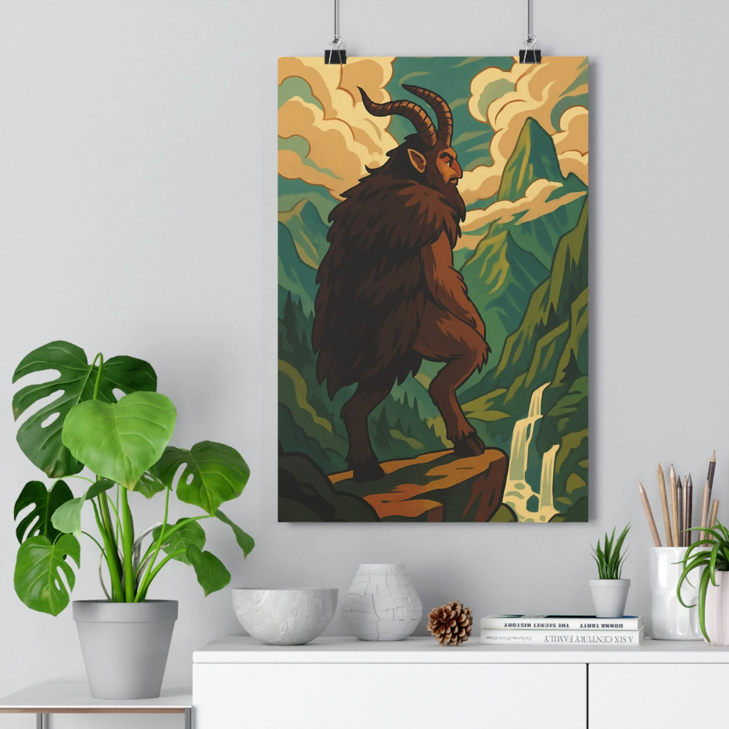 Poster décoratif montagne cartoon créature mystérieuse paysage serein terreux blanc salon bureau 30x46 qualité