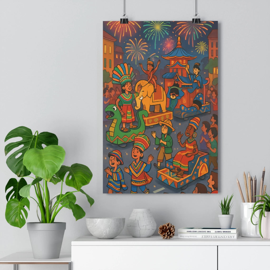 Poster décoratif cartoon multicolore joyeux salon chambre enfant culture danseurs traditionnels exotique vibrant qualité