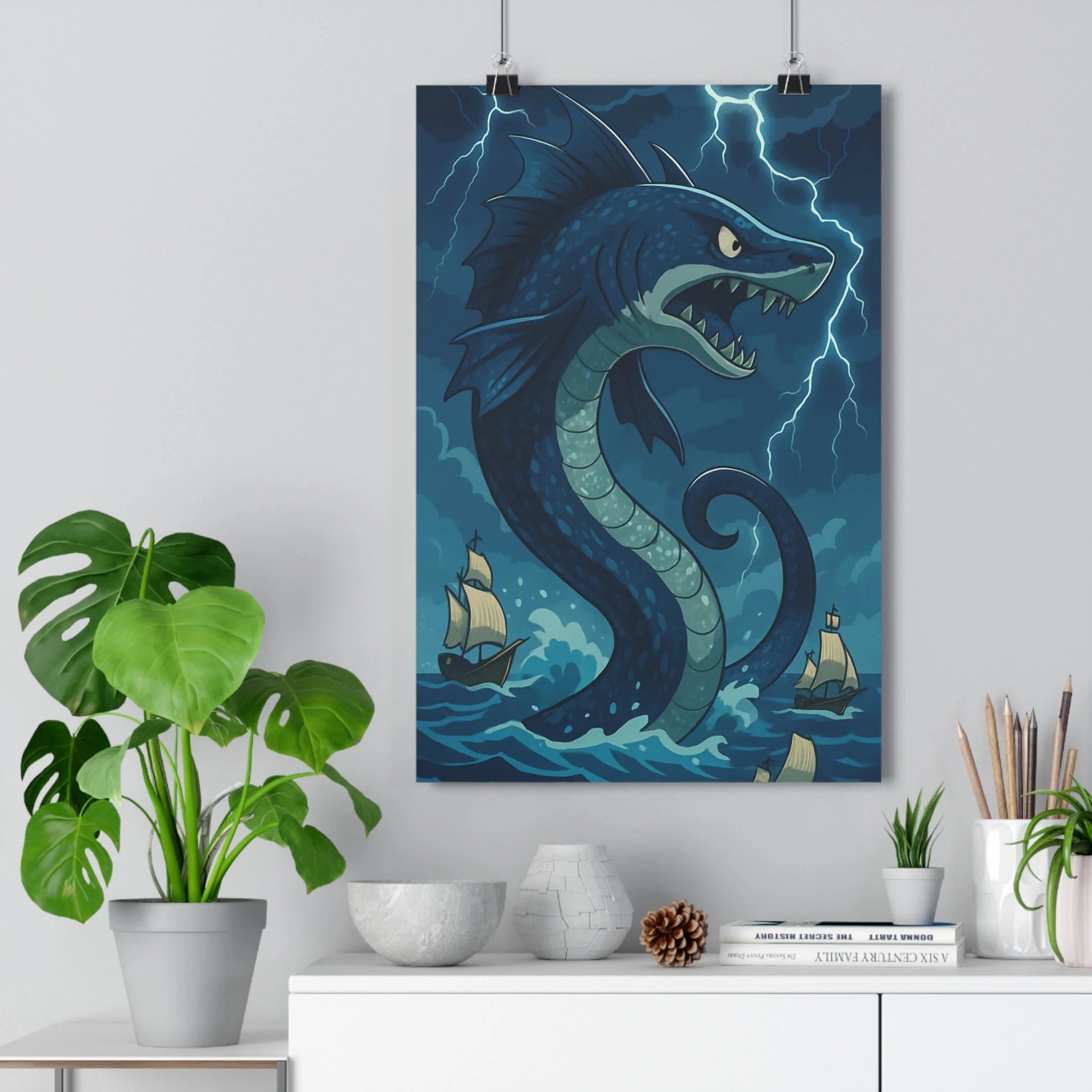 Poster décoratif créature marine bleu gris épique fantastique salon chambre 30x46 cm unique élégant