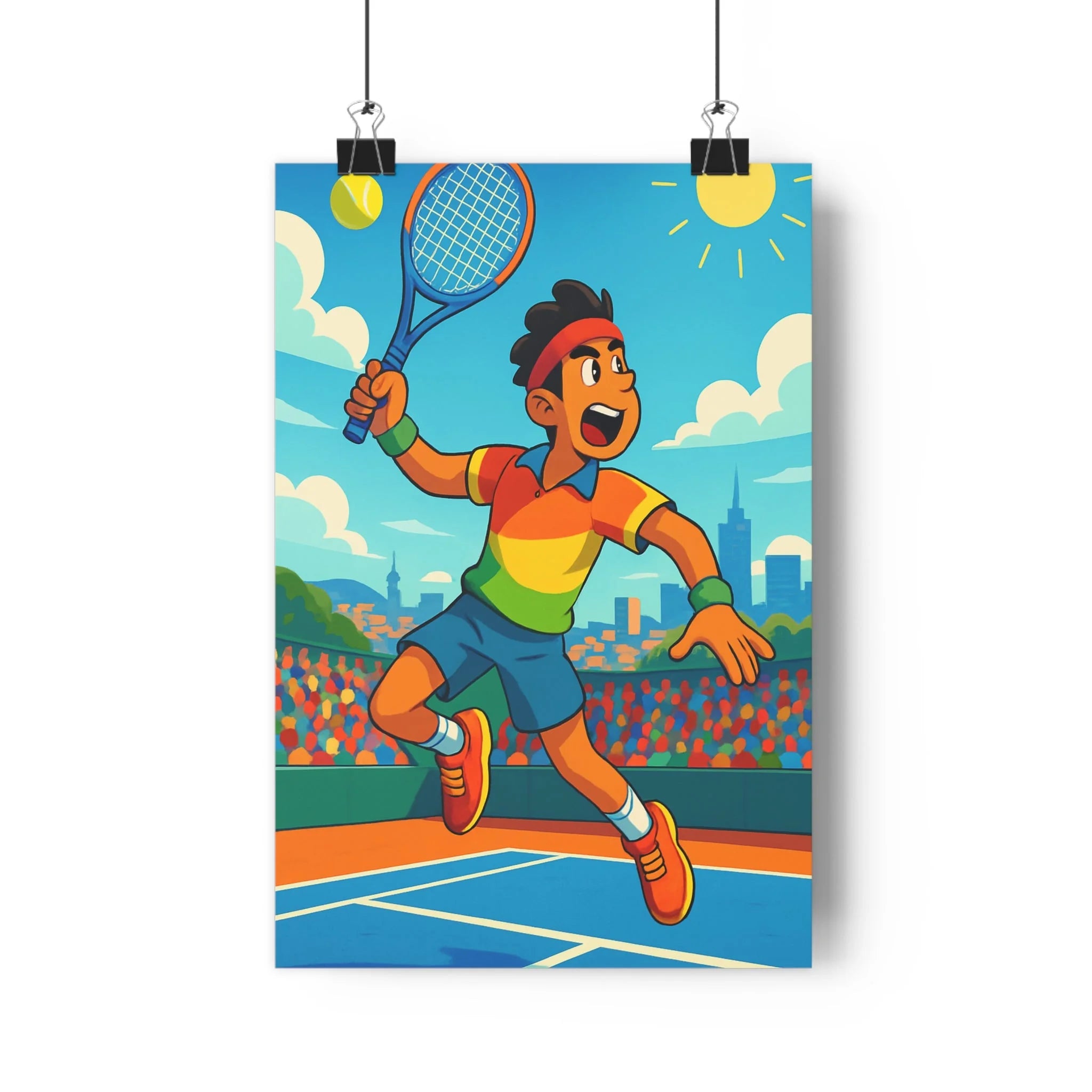 Poster décoratif tennis joueur cartoon énergie vibrant chambre enfant dynamique coloré ciel sportif éclatant