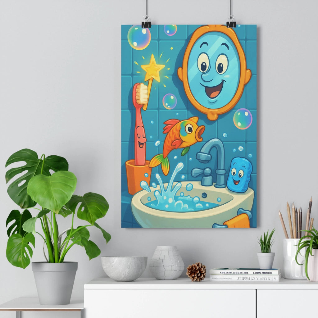 Poster décoratif salle bain dessin animé aventure joyeuse bleu orange jaune moderne enfant vibrant