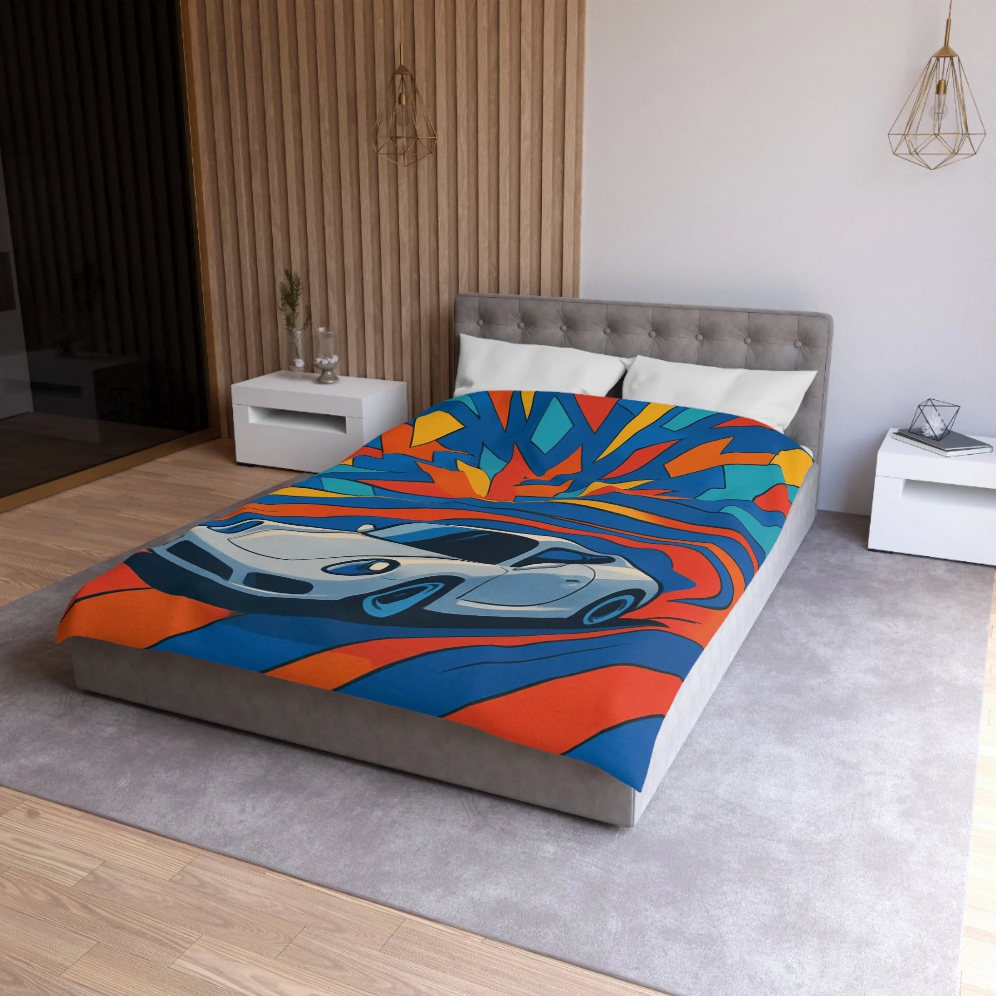 Housse de couette voiture sportive dynamique avec explosion de couleurs vives et éclatantes