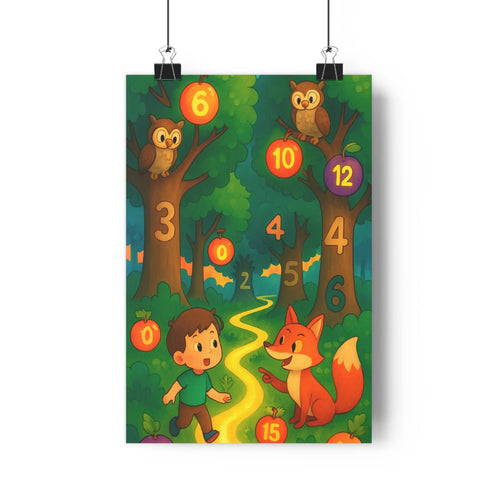 Poster enfant renard forêt chemin arbre hibou feuille verte jaune rouge cartoon ludique aventure chambre