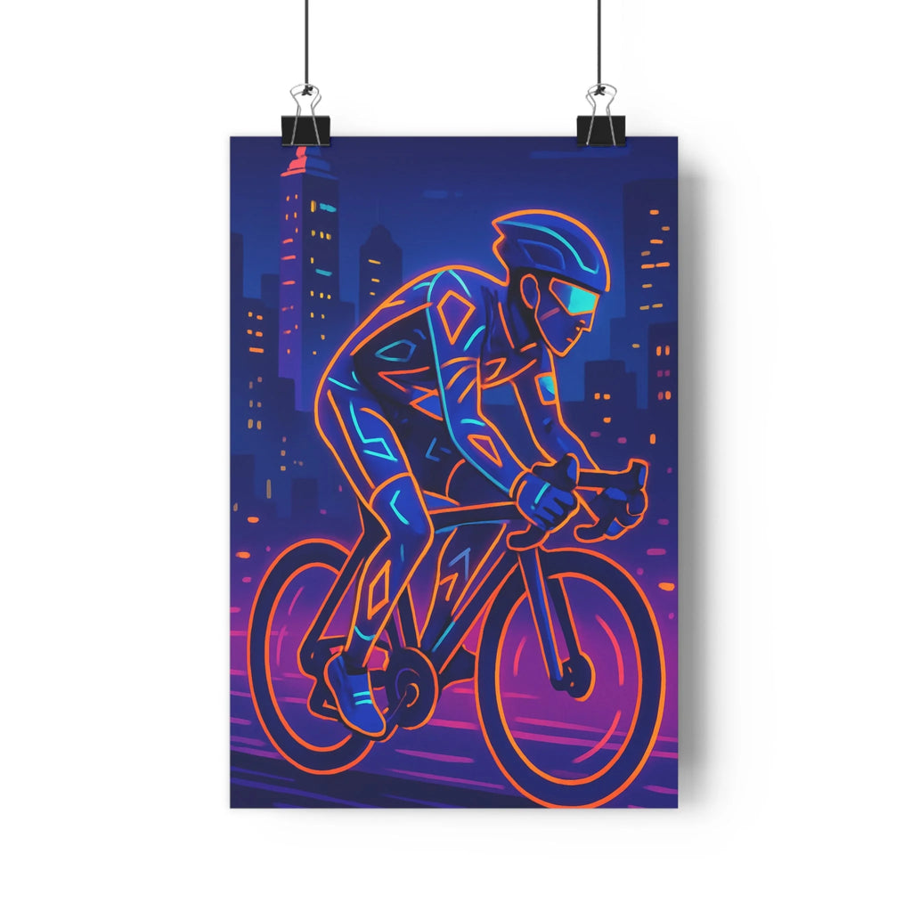 Poster décoratif cycliste dynamique néon bleu orange style cartoon futuriste moderne vibrant chambre bureau