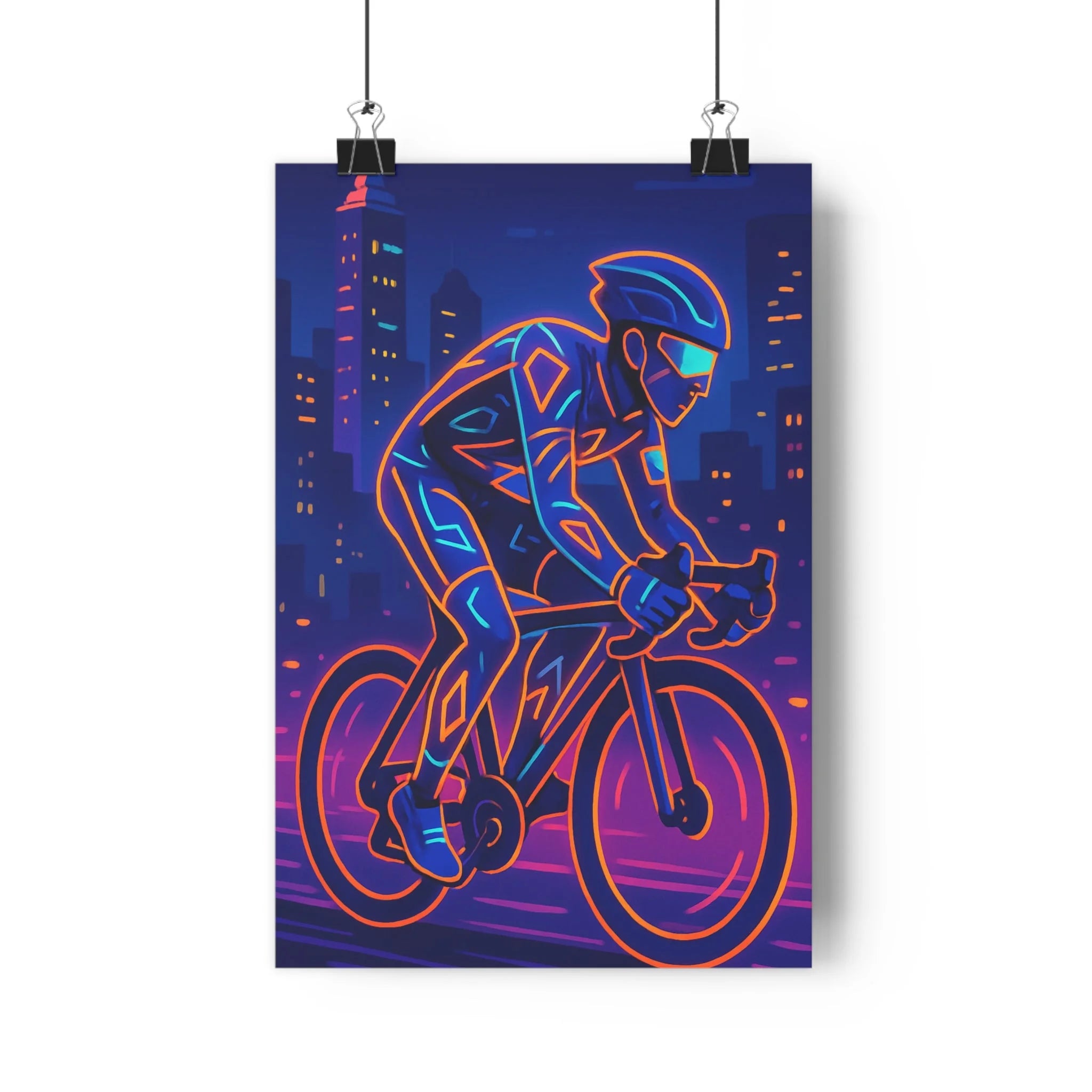 Poster décoratif cycliste dynamique néon bleu orange style cartoon futuriste moderne vibrant chambre bureau
