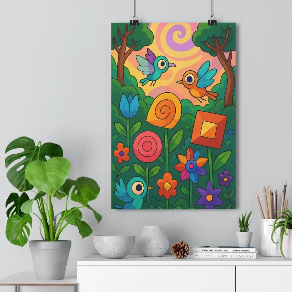 Poster paysage oiseaux arc-en-ciel arbres fleurs colorées nuages pastel ambiance joyeuse cartoon simple enfantine fantastique vibrant vivant