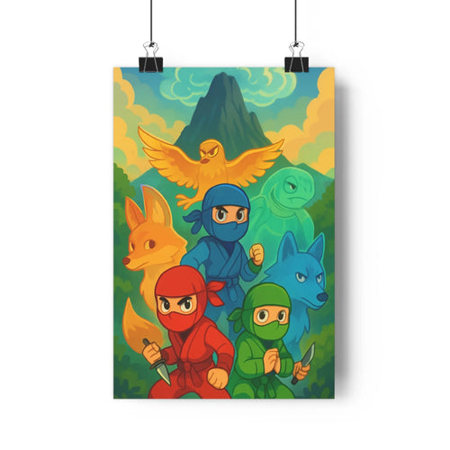 Poster mystique ninjas animaux fantastiques montagnes nuages colorés cartoon vibrant ambiance aventure chambre salon