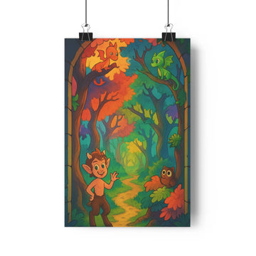 Poster forestière dragons hibou oreilles pointues couleurs vives arbres feuillu magique joyeux cartoon chambre salon
