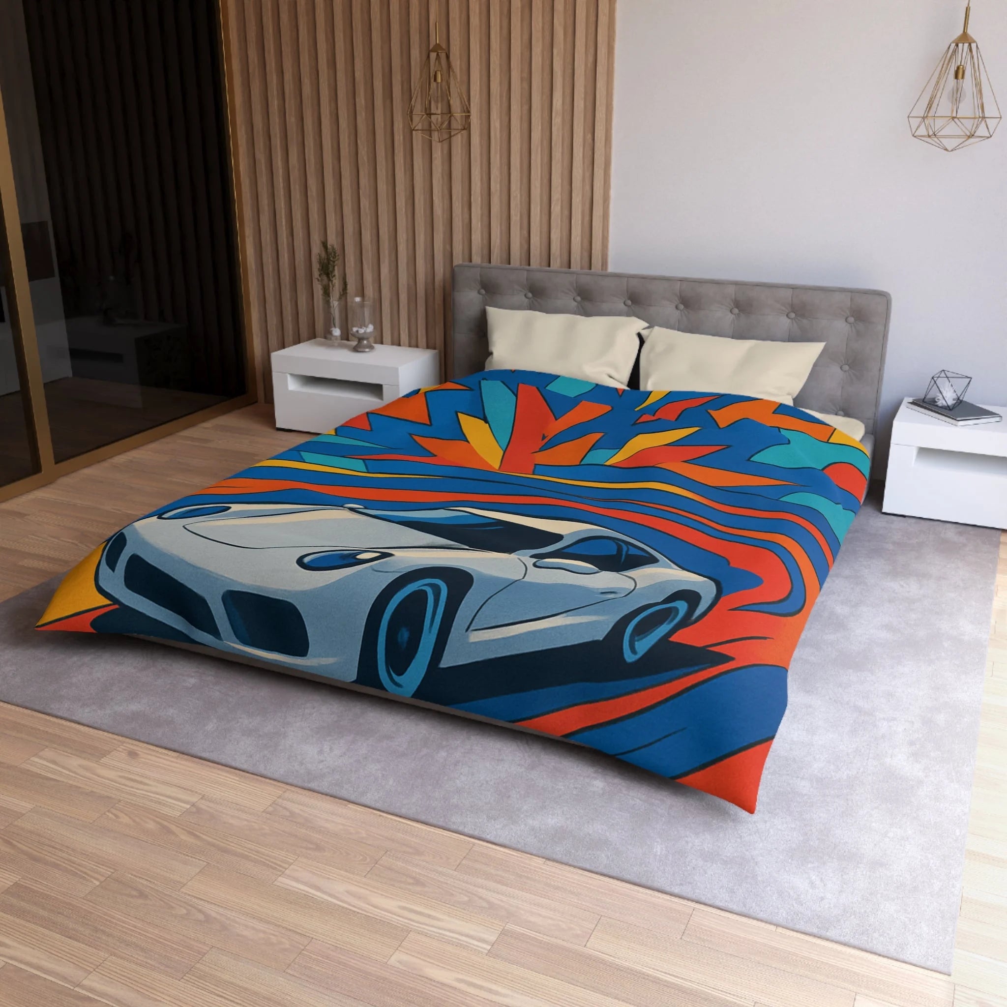 Housse de couette voiture sportive dynamique avec explosion de couleurs vives et éclatantes