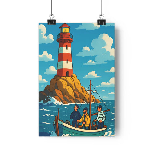 Poster phare marin rocher barque vagues plantes nuages étagère livres bleu rouge blanc cartoon paisible salon chambre