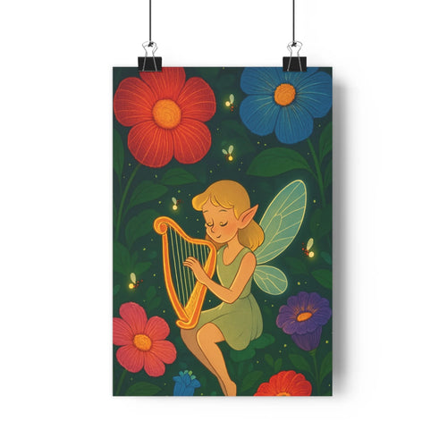Poster féerie fée harpe libellules fleurs colorées végétation feuilles or enchantement magie douceur détails nettoyage chambre salon érotique fantaisie