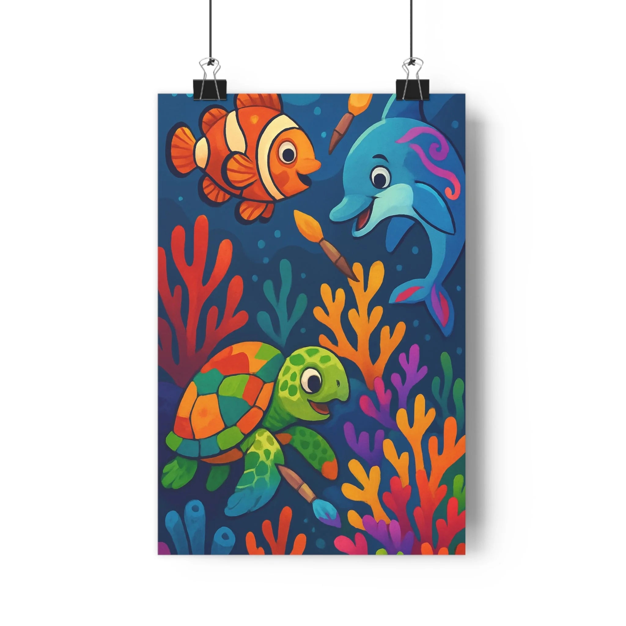 Poster décoratif cartoon coloré bleu néon joyeux enfant chambre océan poisson dauphin tortue aventure