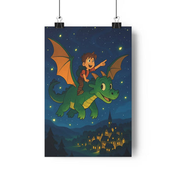 Poster enfant dragon vol aventure nuit étoiles ville lumière pins joyeux cartoon expressions rêve fantastique