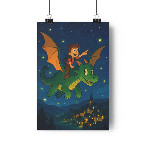 Poster enfant dragon vol aventure nuit étoiles ville lumière pins joyeux cartoon expressions rêve fantastique