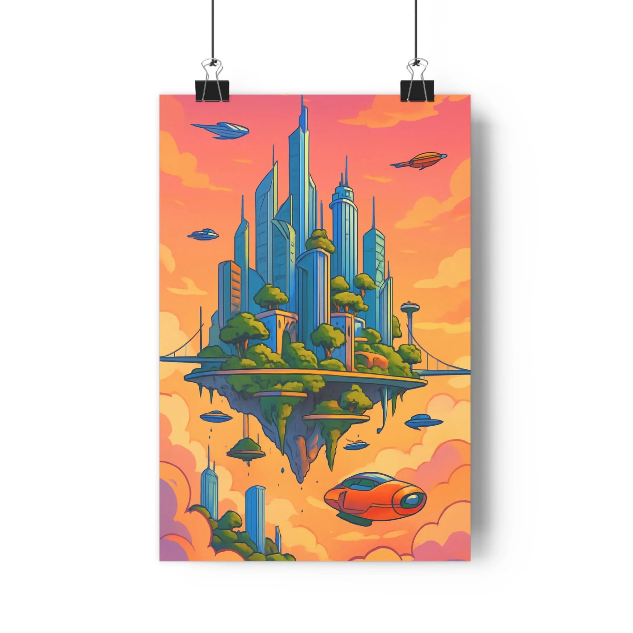 Poster décoratif futuriste cartoon bleu orange aérien onirique salon chambre 30x46 moderne tendance unique
