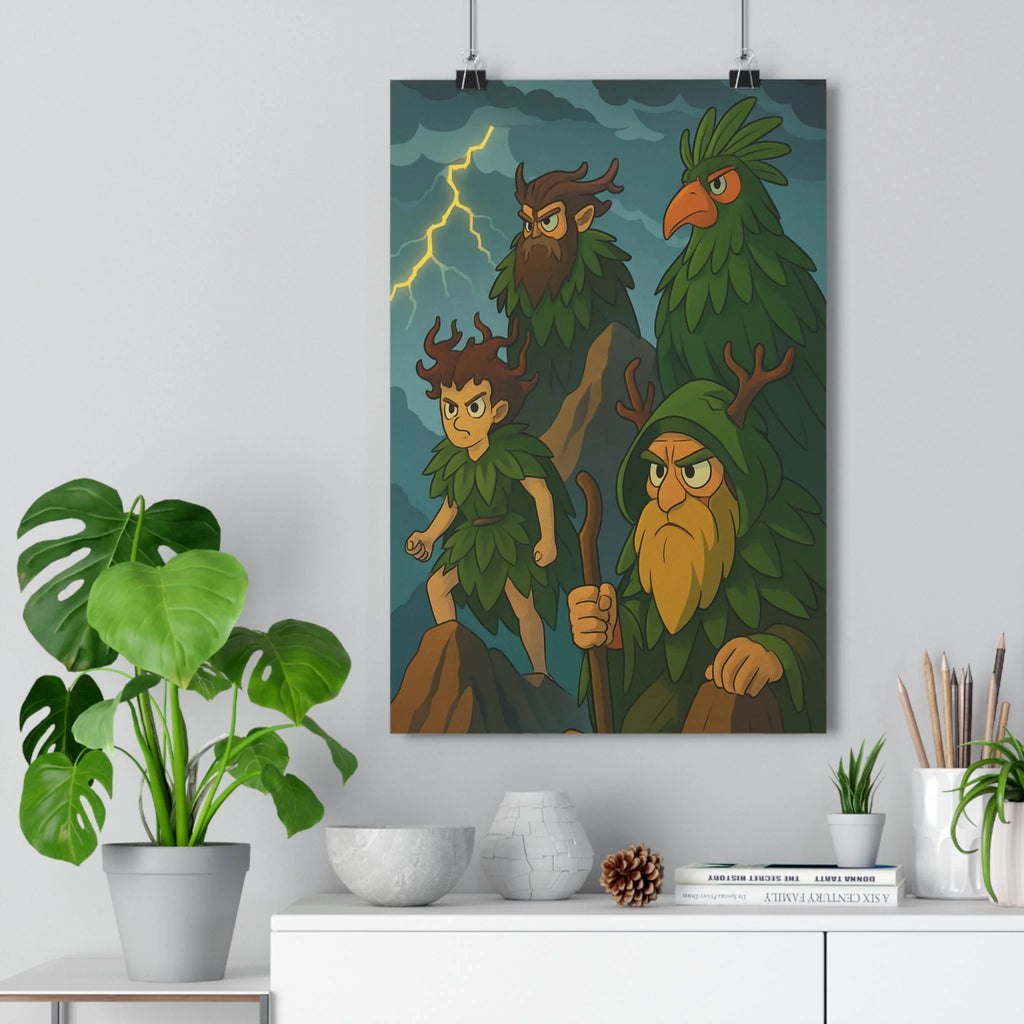 Poster décoratif fantaisie cartoon vert marron aventure montagne garçon créatures chambre salon art unique