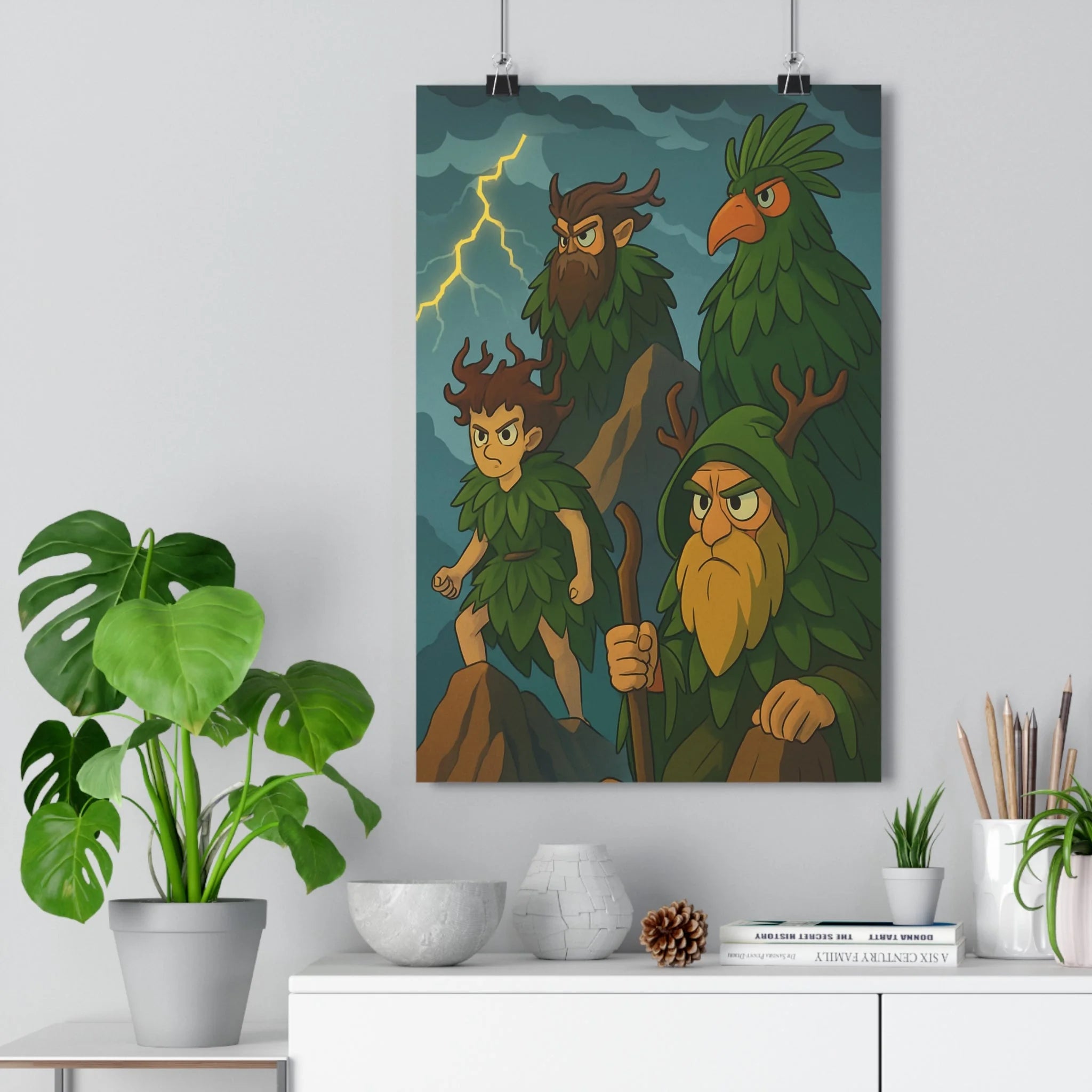 Poster décoratif fantaisie cartoon vert marron aventure montagne garçon créatures chambre salon art unique