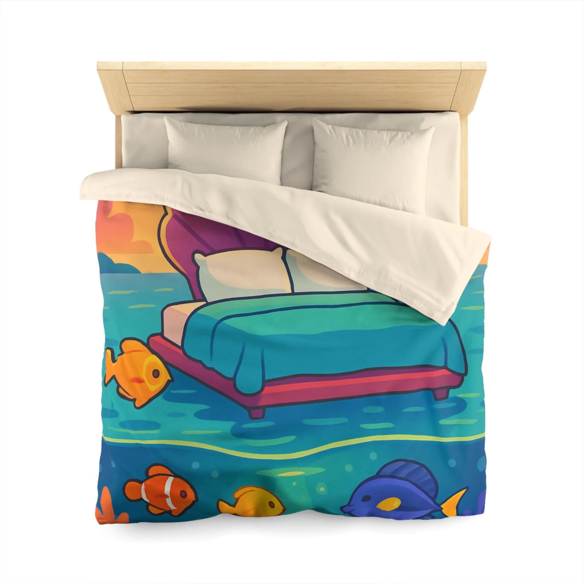 Housse de couette océan, lit coquillage, poissons tropicaux, ambiance coucher de soleil