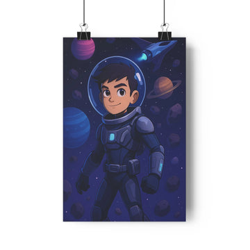 Poster astronaute bleu planètes vaisseau spatial fond noir ambiance moderne exploration aventure cartoon ludique chambre adolescente salon dynamisme