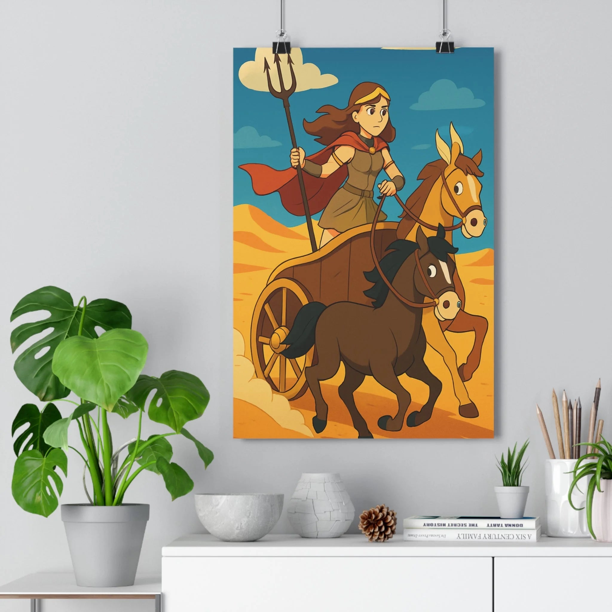 Poster décoratif manga épique aventure désert gladiateur féminin trident char chevaux sable bleu 30x46