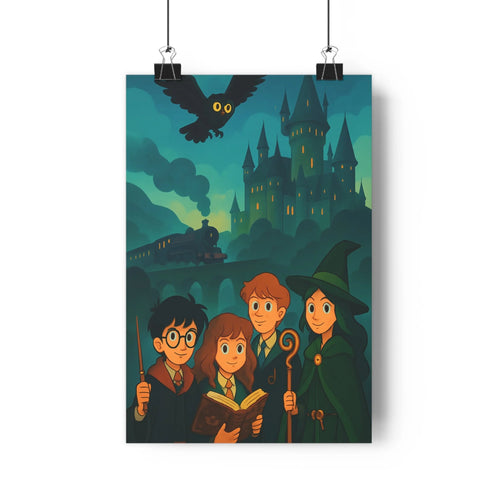 Poster mystique château tours pointues élèves robes scolaires baguettes livre hibou nuit bleu vert doré ambiance fantastique ludique chambre adolescente