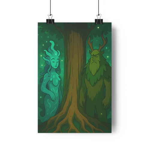 Poster mystique arbres verts personnages naturels étoiles nuit ambiance féerique paysage serein style cartoon ombres douces chambre salon