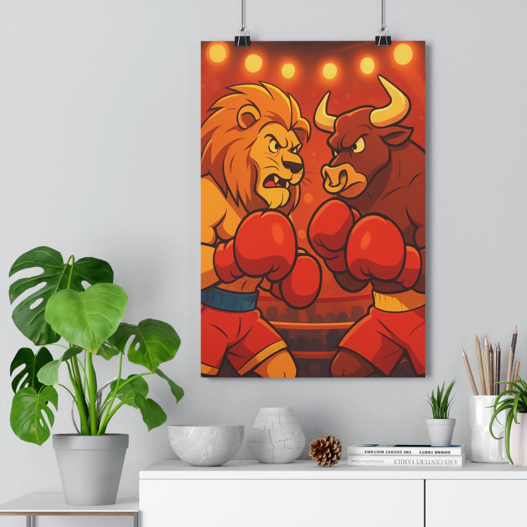 Poster décoratif cartoon dynamique lion taureau rouge ambiance énergique chambre salle sport 30x46 qualité
