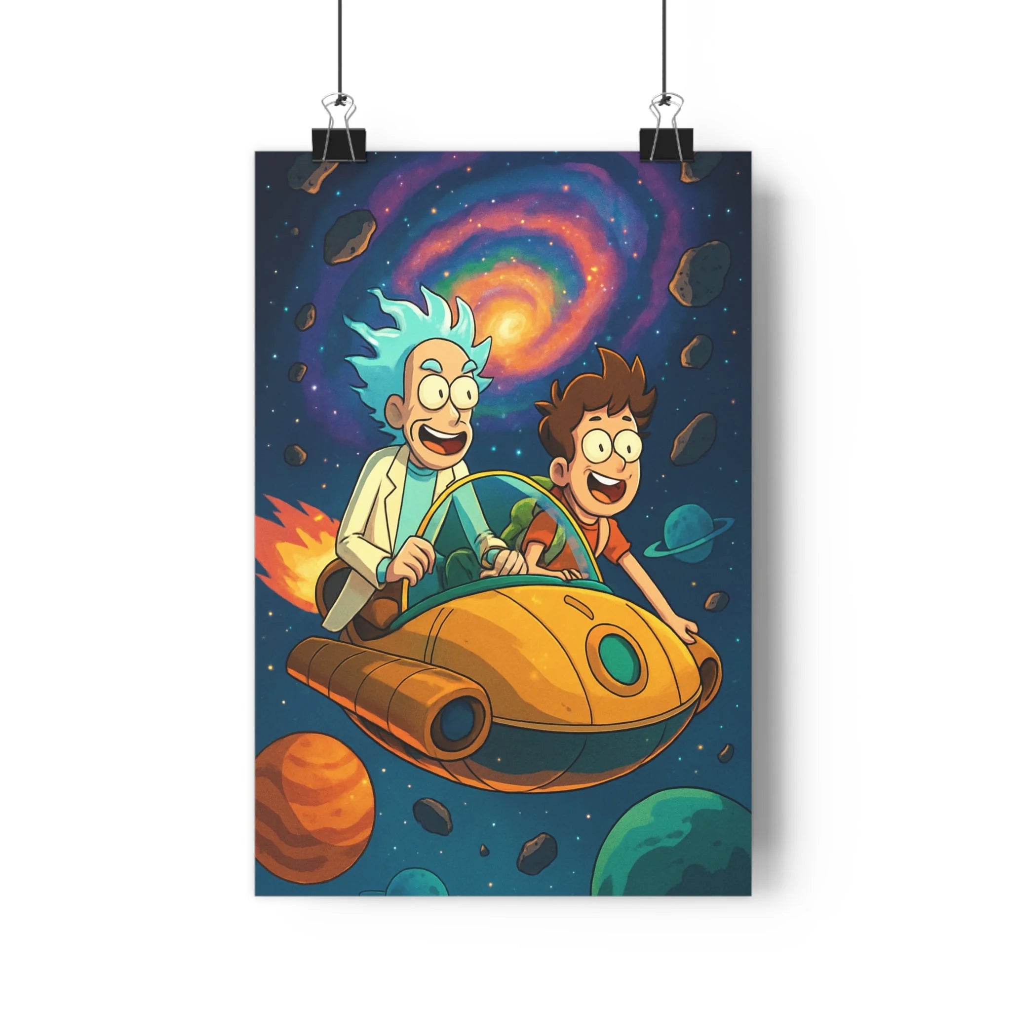 Poster décoratif coloré rétro aventure espace chambre animation dynamique univers planètes vaisseau ludique 80s