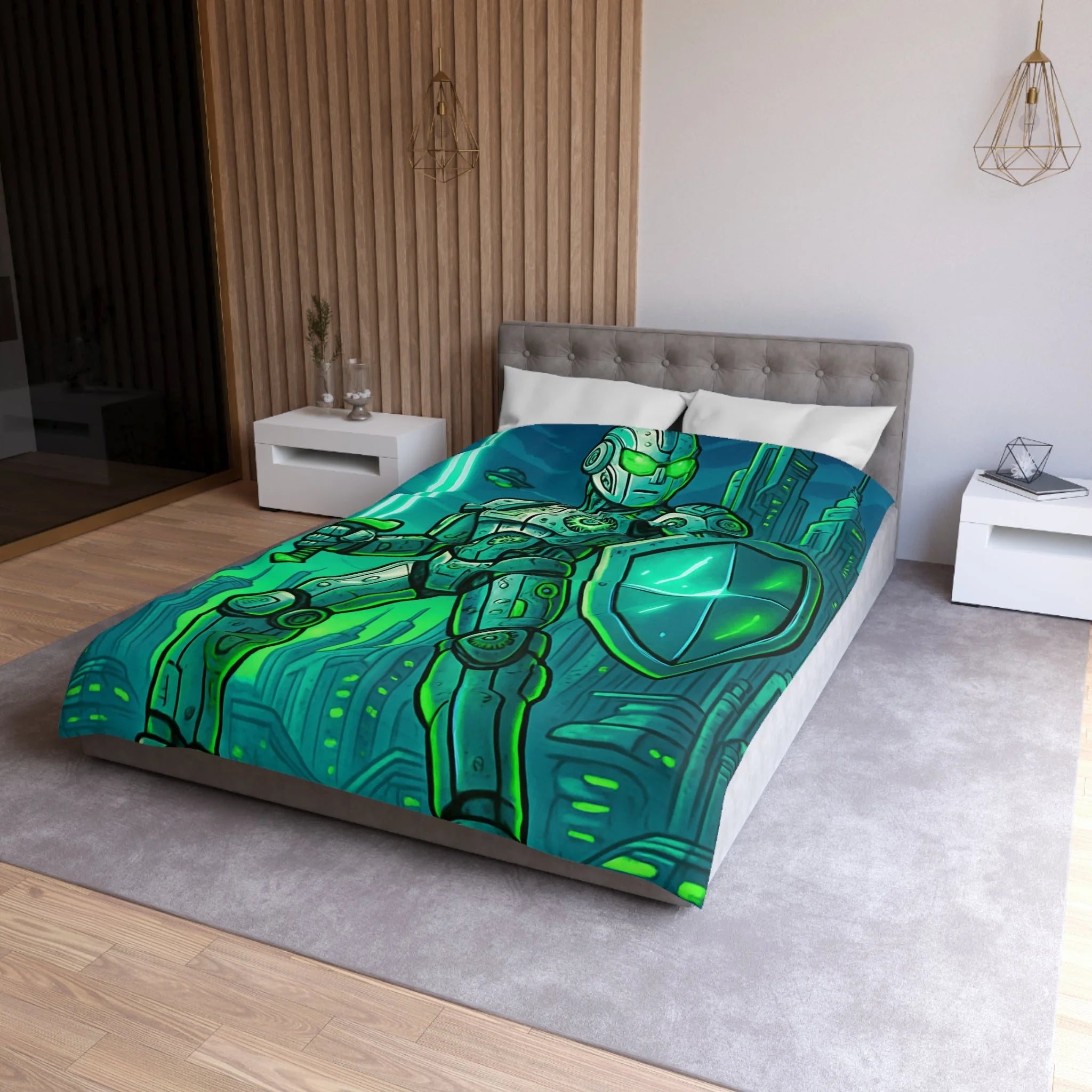 Housse de couette robot futuriste avec épée lumineuse et ville high-tech