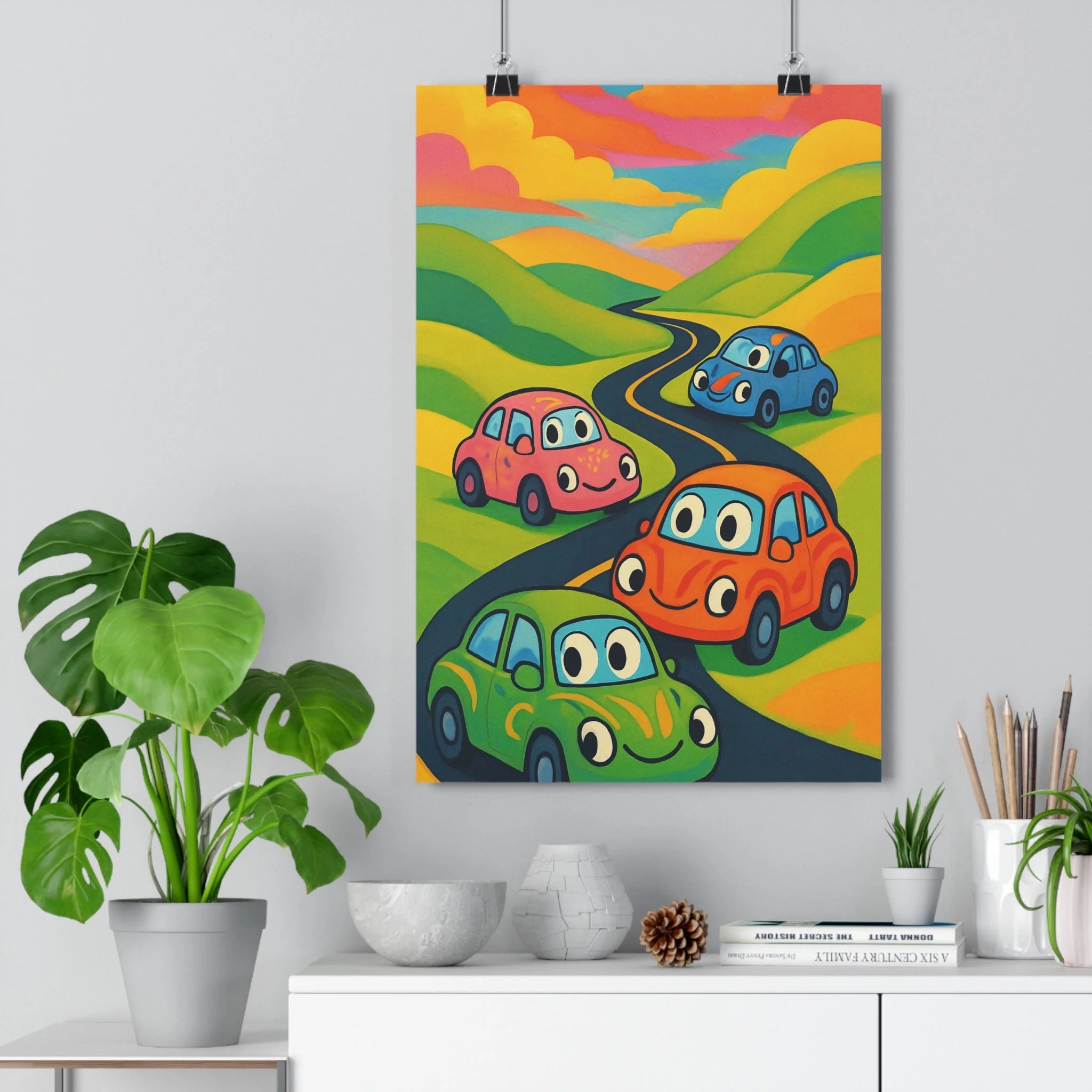 Poster décoratif cartoon voiture colorée joyeux chambre enfant rose bleu orange vert paysage qualité