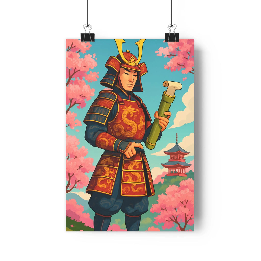 Poster décoratif samouraï rouge bleu art japonais traditionnel mystique paisible salon bureau ambiance temple